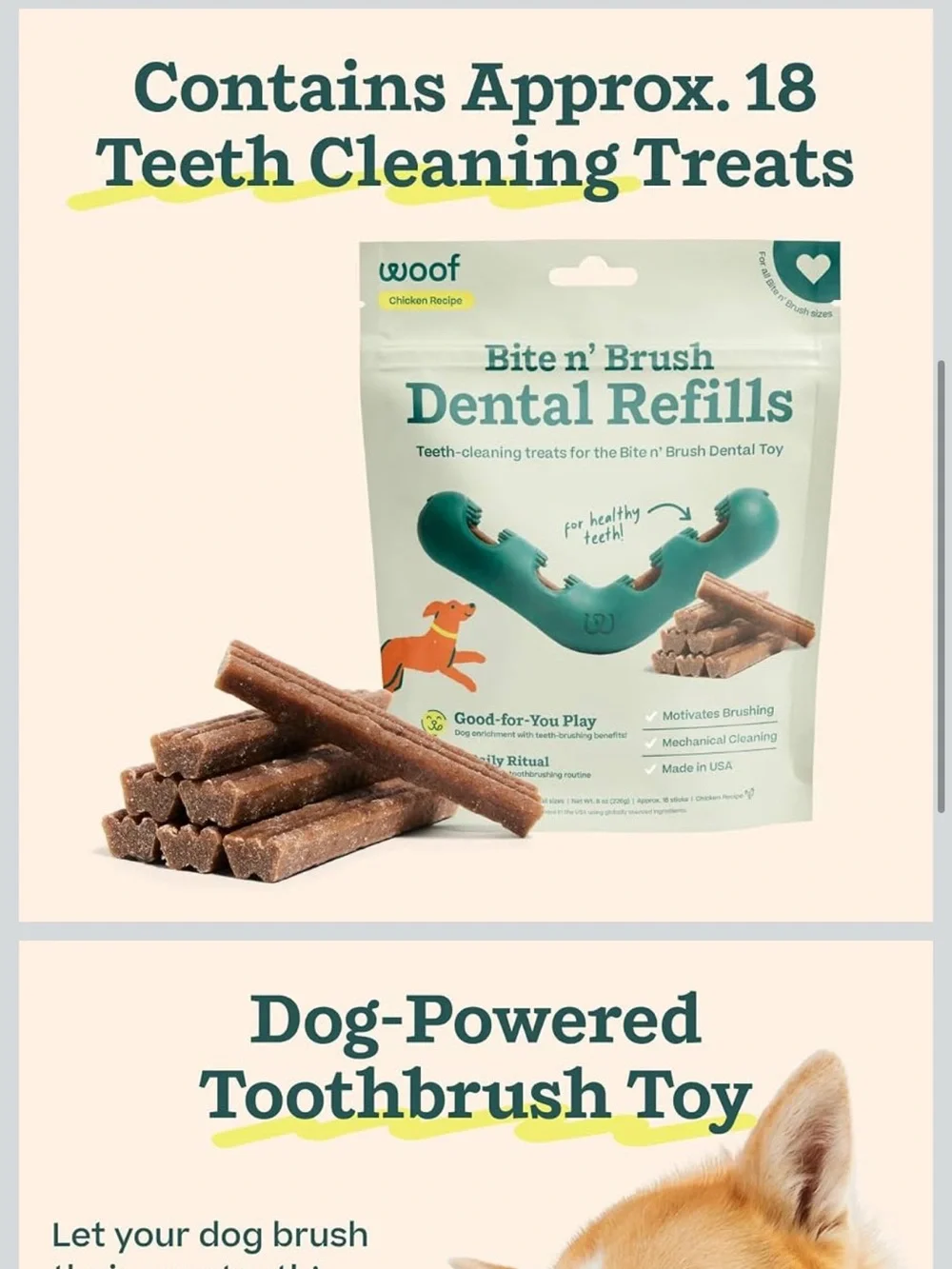 Woof Bite n' Brush Dental Toy & Refill treats Dark Green
